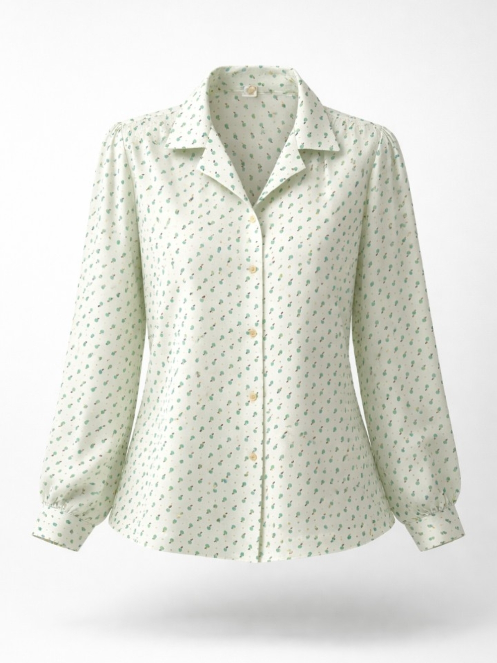 Women's Cream Button-Front Blouse with Green Apples Print